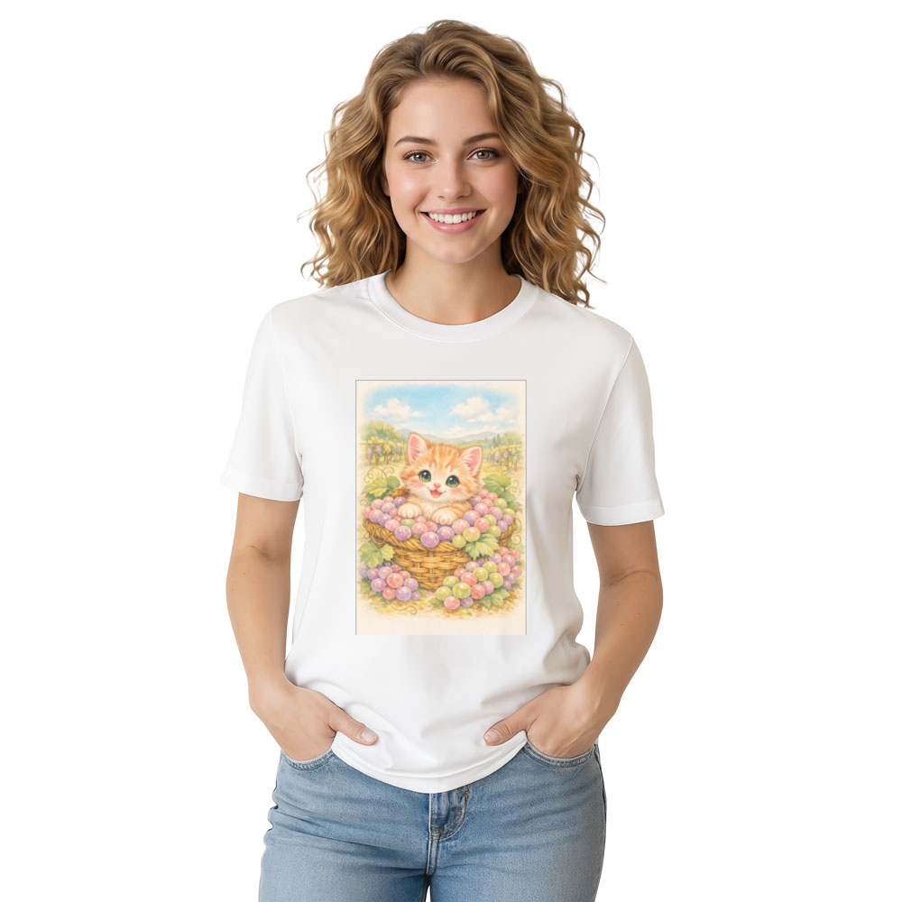 Vintage Pastel Kitten in a Grape Basket Illustration T-Shirt