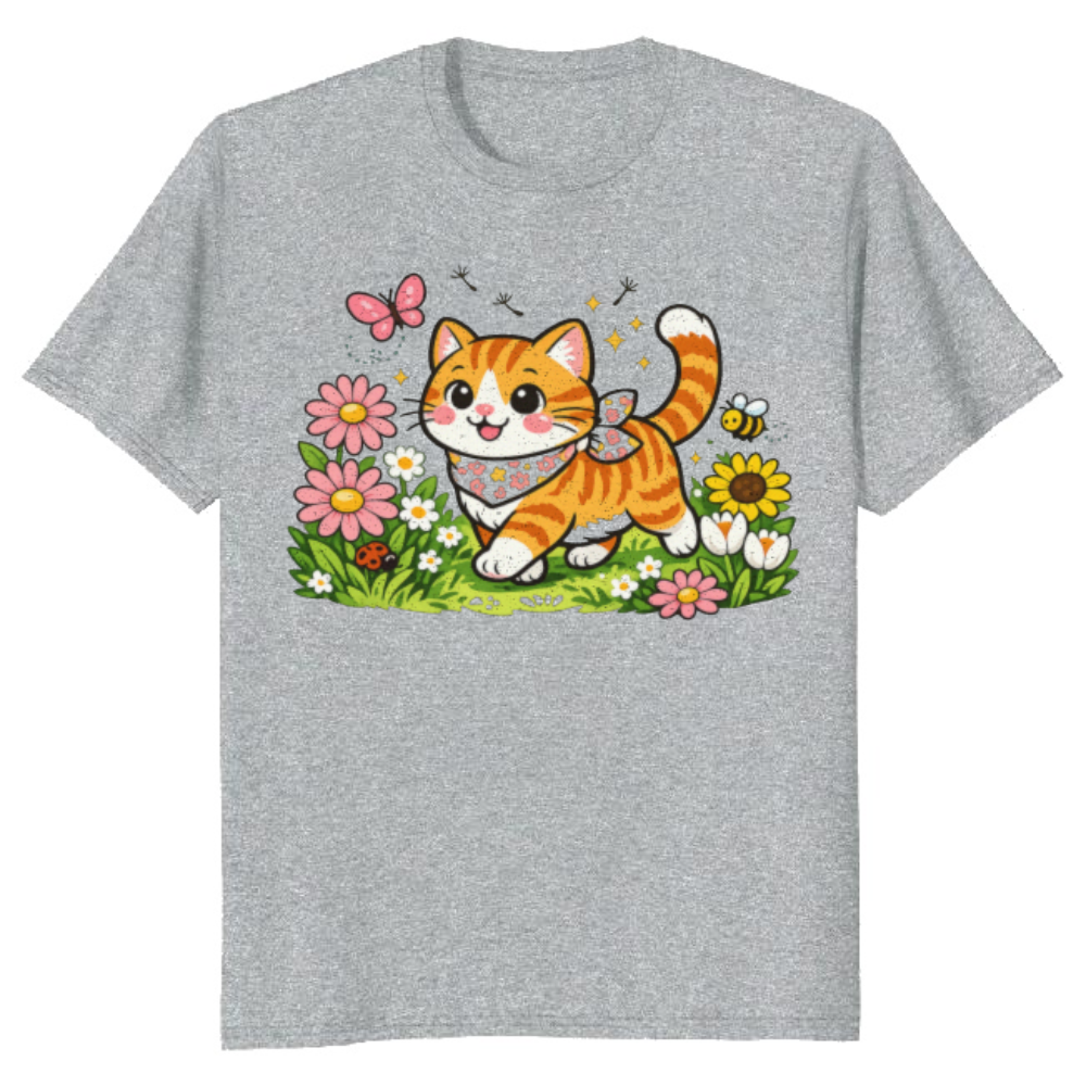 Whimsical Tabby Cat Strolling Through a Floral Meadow Graphic T-Shirt