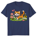 Whimsical Tabby Cat Strolling Through a Floral Meadow Graphic T-Shirt