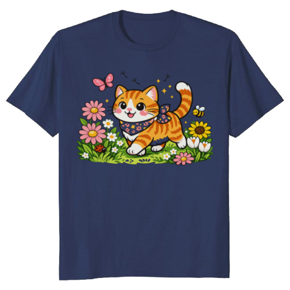Whimsical Tabby Cat Strolling Through a Floral Meadow Graphic T-Shirt