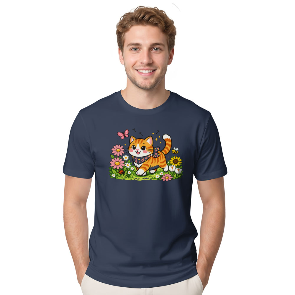 Whimsical Tabby Cat Strolling Through a Floral Meadow Graphic T-Shirt