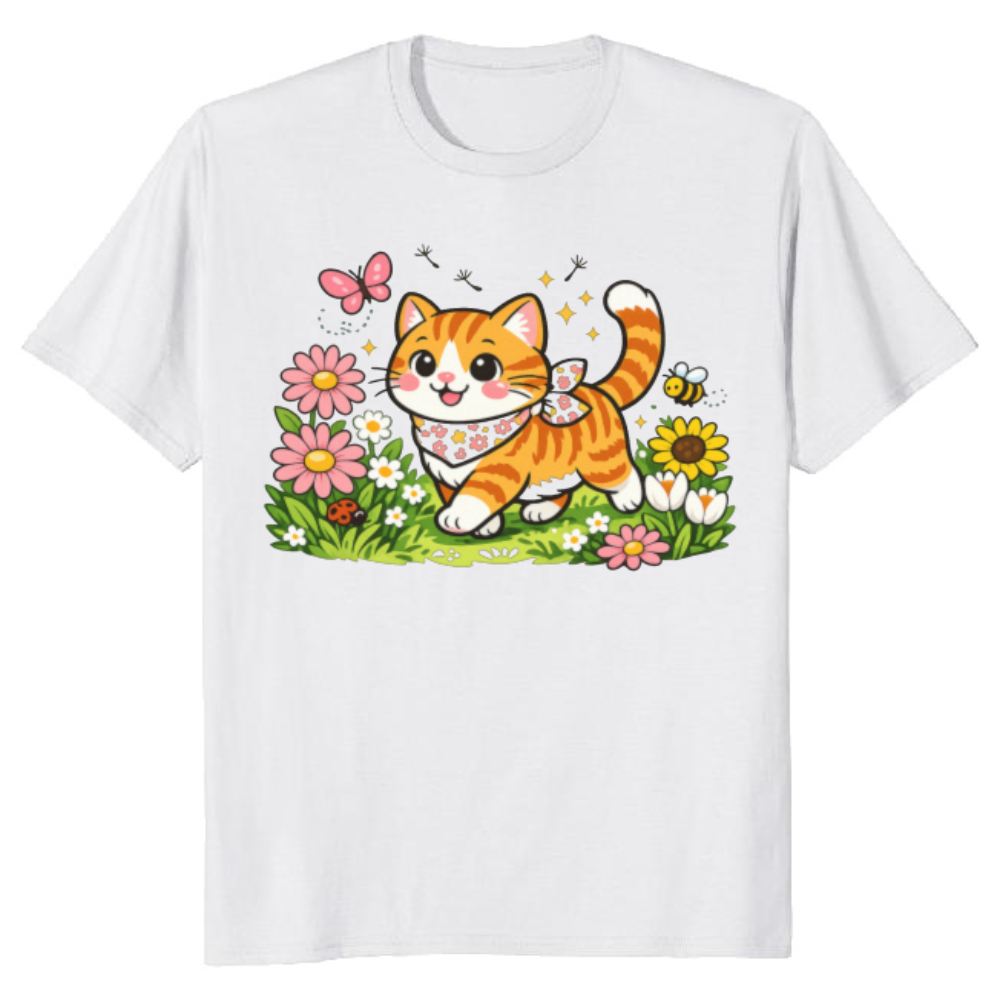 Whimsical Tabby Cat Strolling Through a Floral Meadow Graphic T-Shirt