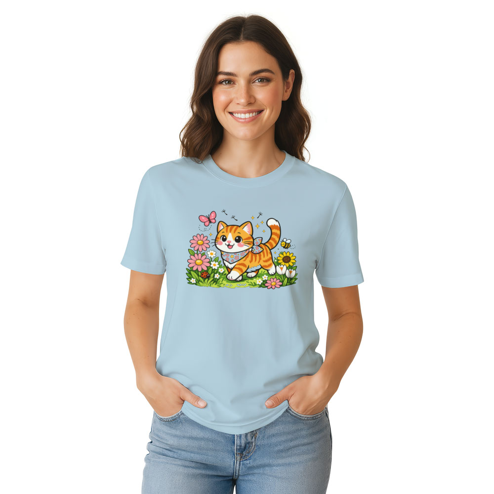 Whimsical Tabby Cat Strolling Through a Floral Meadow Graphic T-Shirt