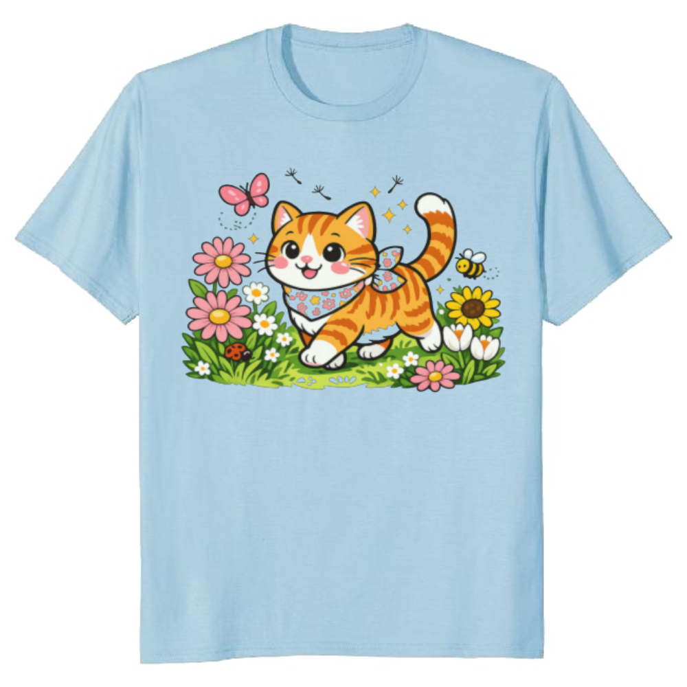Whimsical Tabby Cat Strolling Through a Floral Meadow Graphic T-Shirt