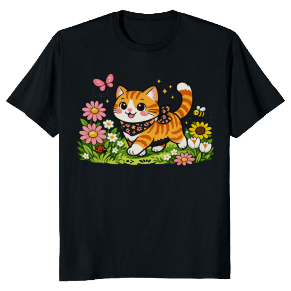 Whimsical Tabby Cat Strolling Through a Floral Meadow Graphic T-Shirt
