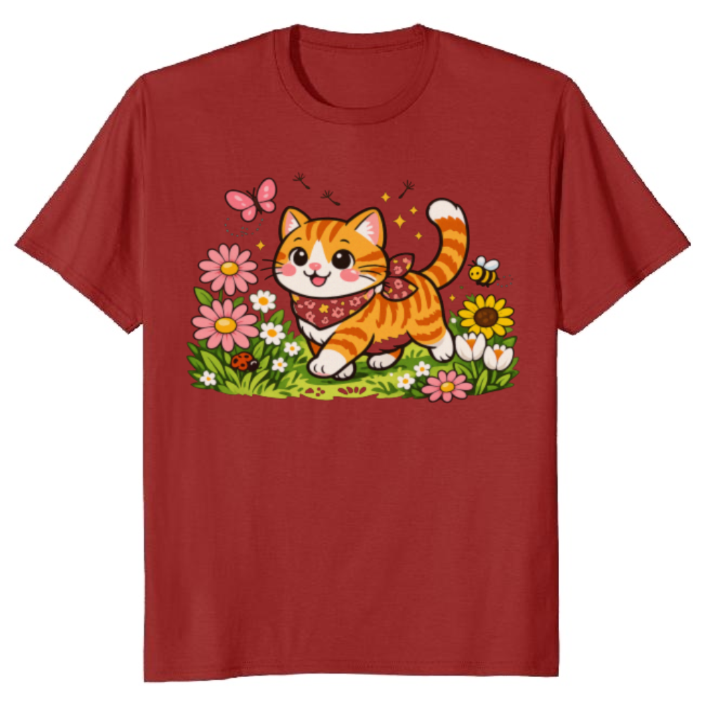 Whimsical Tabby Cat Strolling Through a Floral Meadow Graphic T-Shirt