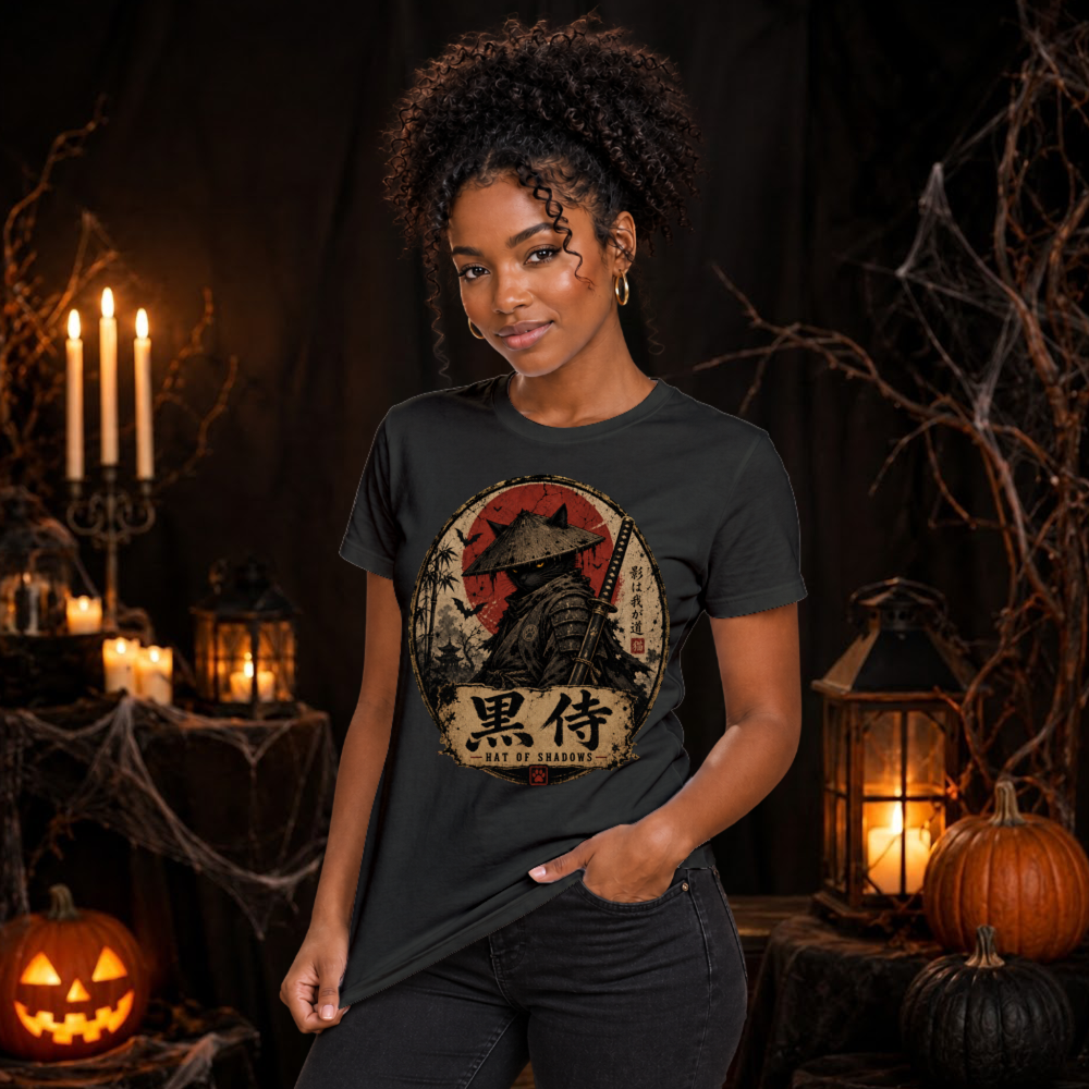Hat Of Shadows Distressed Cat Samurai T-Shirt