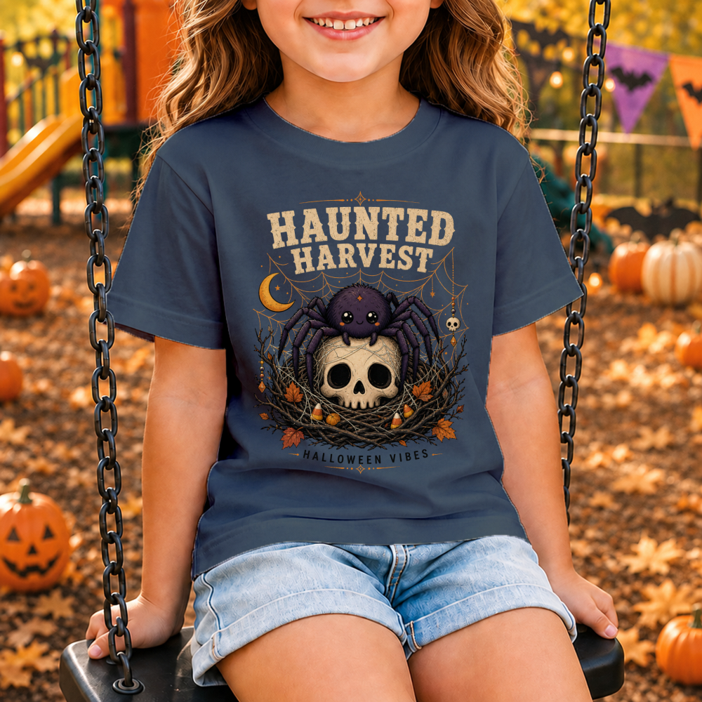 Haunted Harvest Spider Web Dark Heather Youth T-Shirt