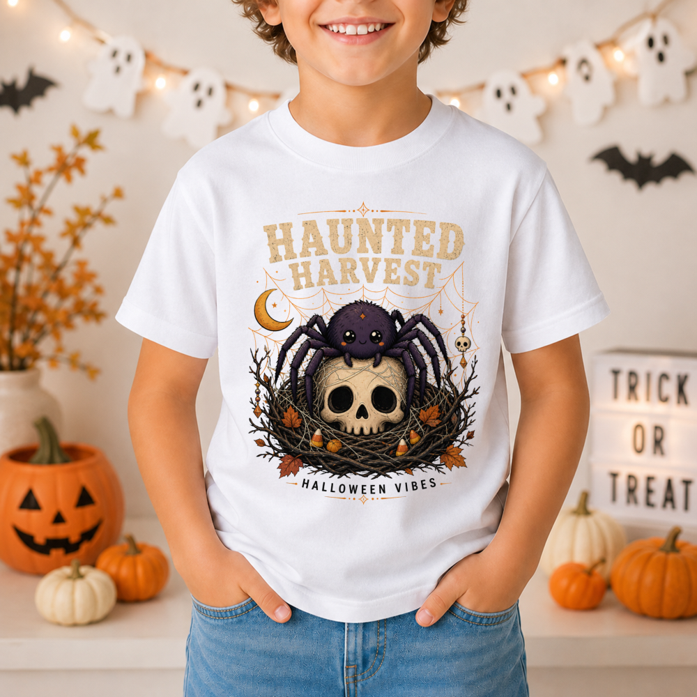 Haunted Harvest Spider Web Dark Heather Youth T-Shirt