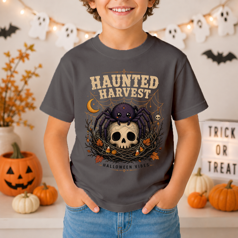 Haunted Harvest Spider Web Dark Heather Youth T-Shirt