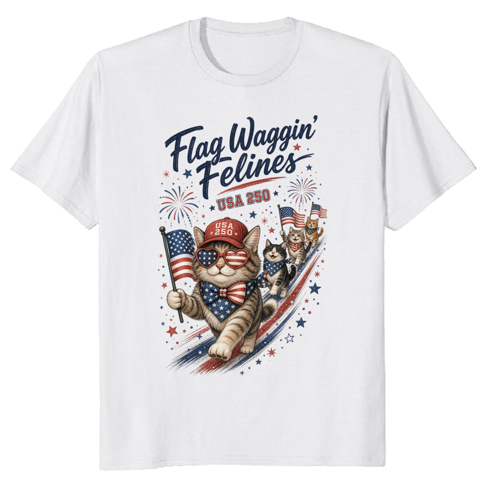Patriotic Cat USA 250, 4th Of July Kitten, American Flag Fireworks, Independence Day, Funny Cat Lover Gift T-Shirt