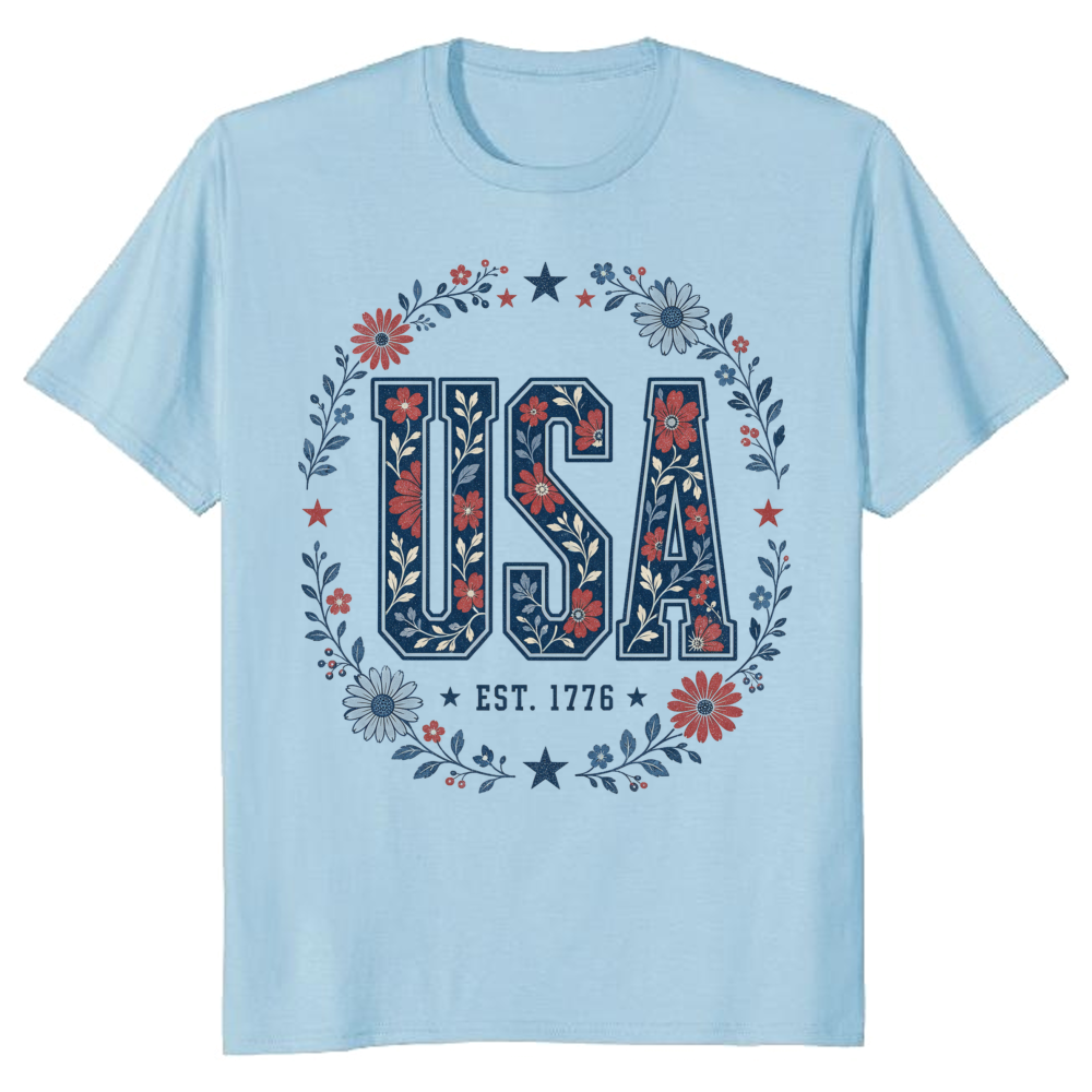 USA Botanical Flower Pattern Graphic T-Shirt
