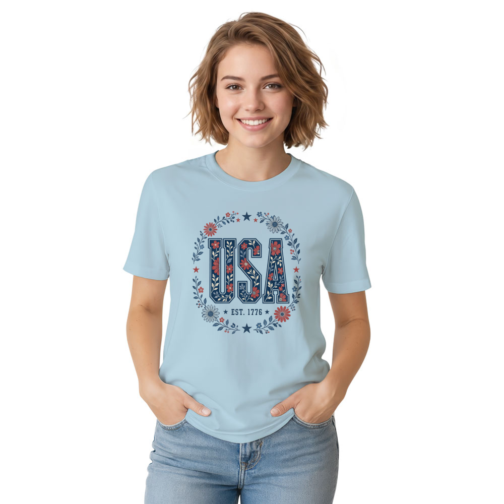 USA Botanical Flower Pattern Graphic T-Shirt