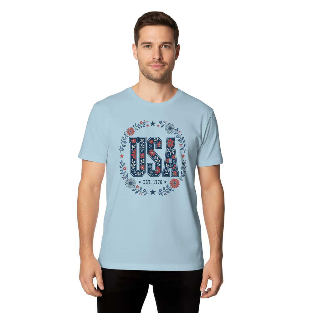 USA Botanical Flower Pattern Graphic T-Shirt