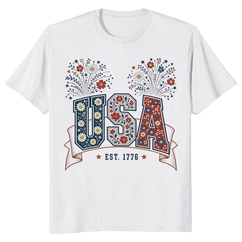 Botanical USA Flower Pattern Graphic T-Shirt