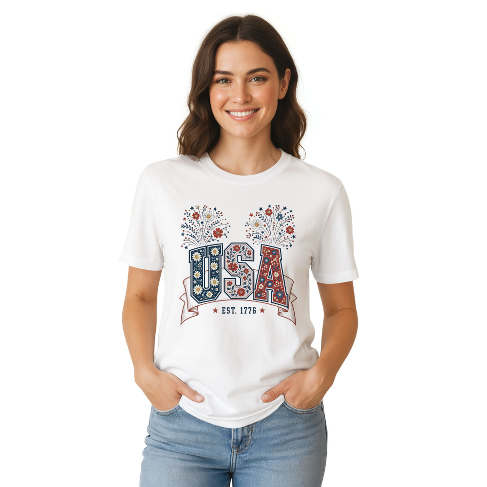Botanical USA Flower Pattern Graphic T-Shirt