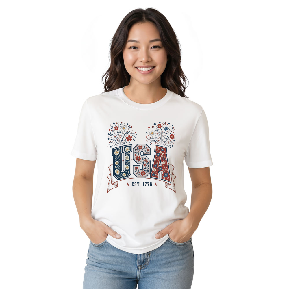 Botanical USA Flower Pattern Graphic T-Shirt