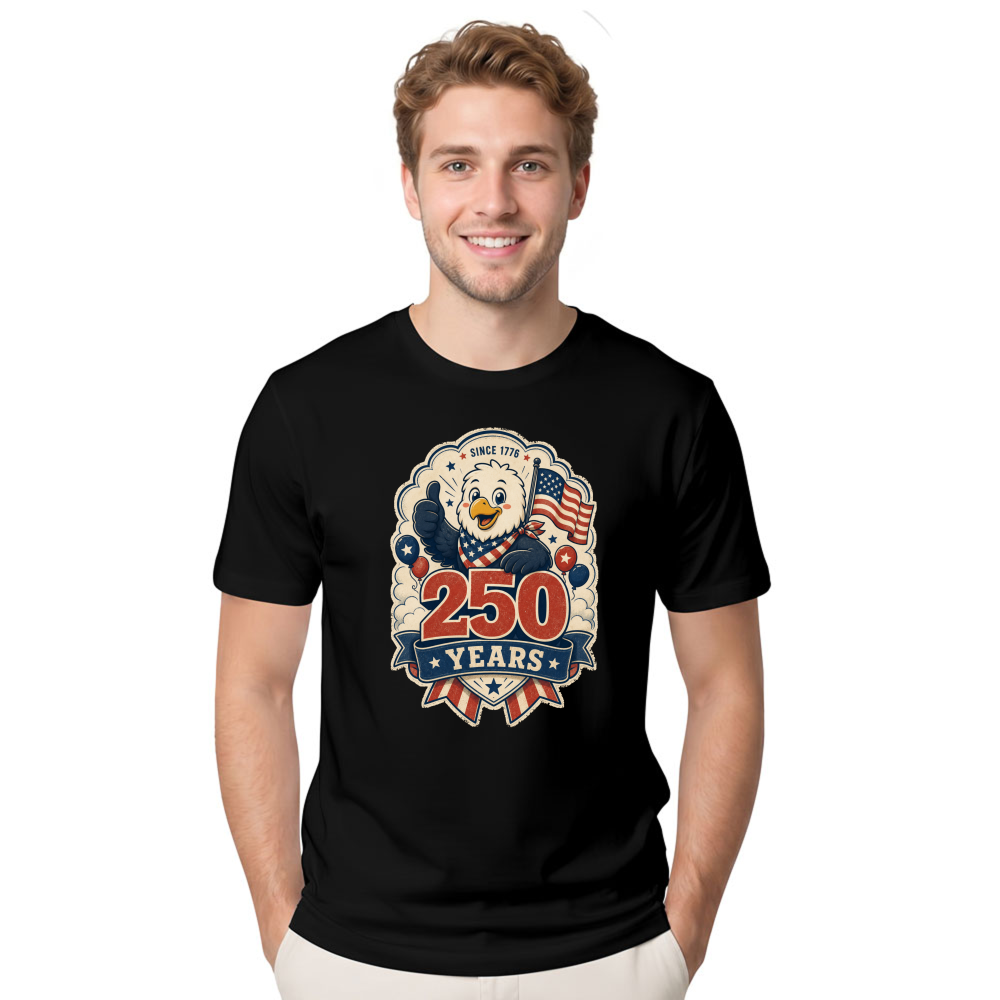 Cute Cartoon Bald Eagle Merica USA 4th Of July American Flag Patriotic Funny 250 Years Still Free Stars Stripes T-Shirt