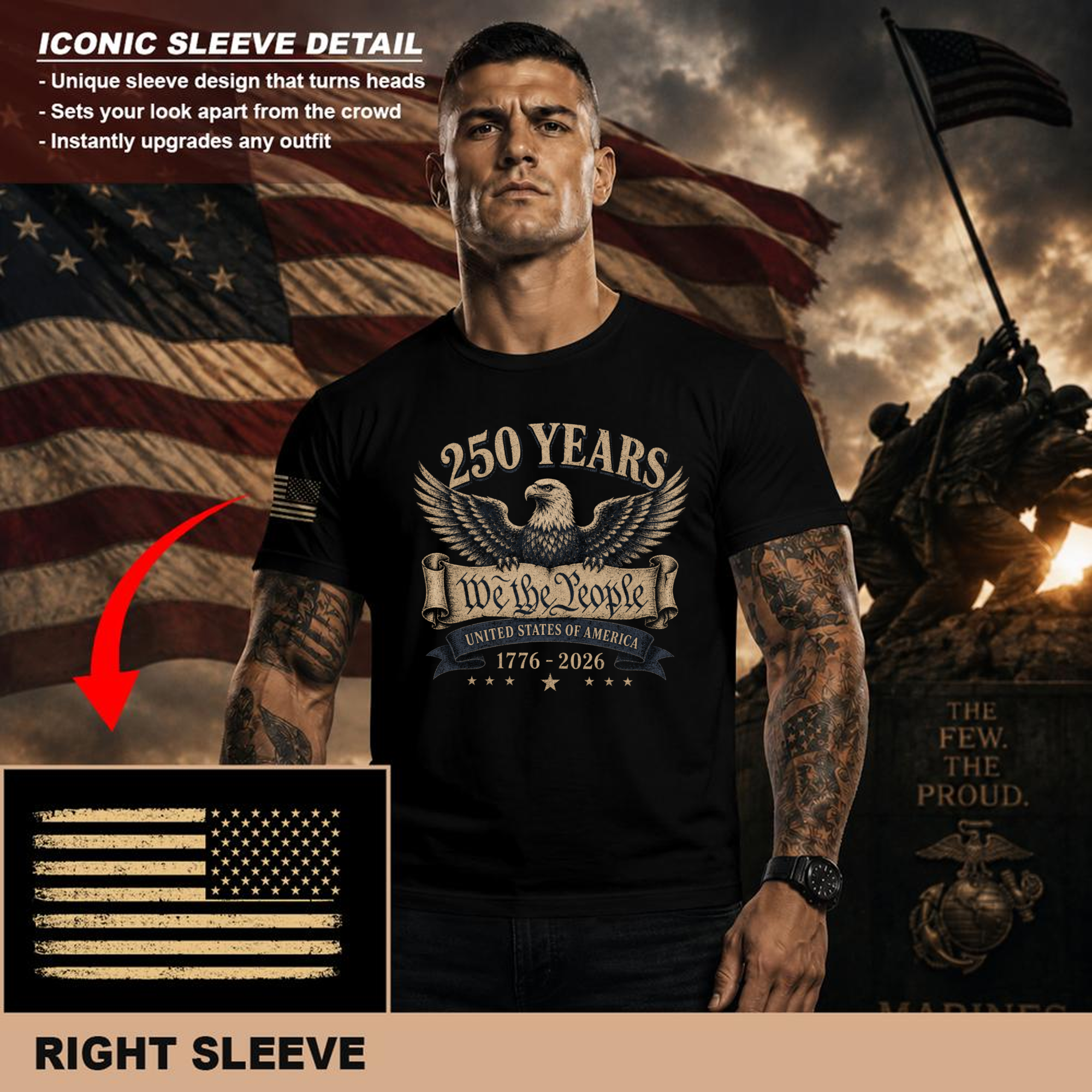 Vintage Patriotic American Flag Stars and Stripes Graphic T-Shirt
