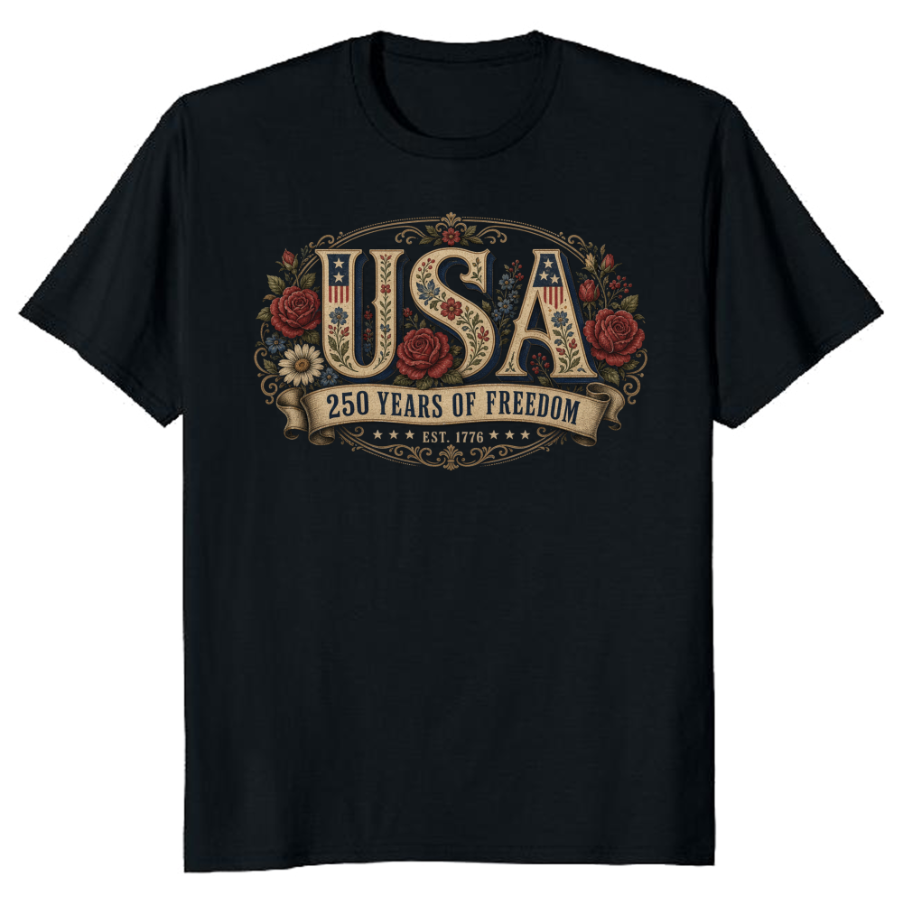USA Cottagecore Floral Lettering Graphic T-Shirt