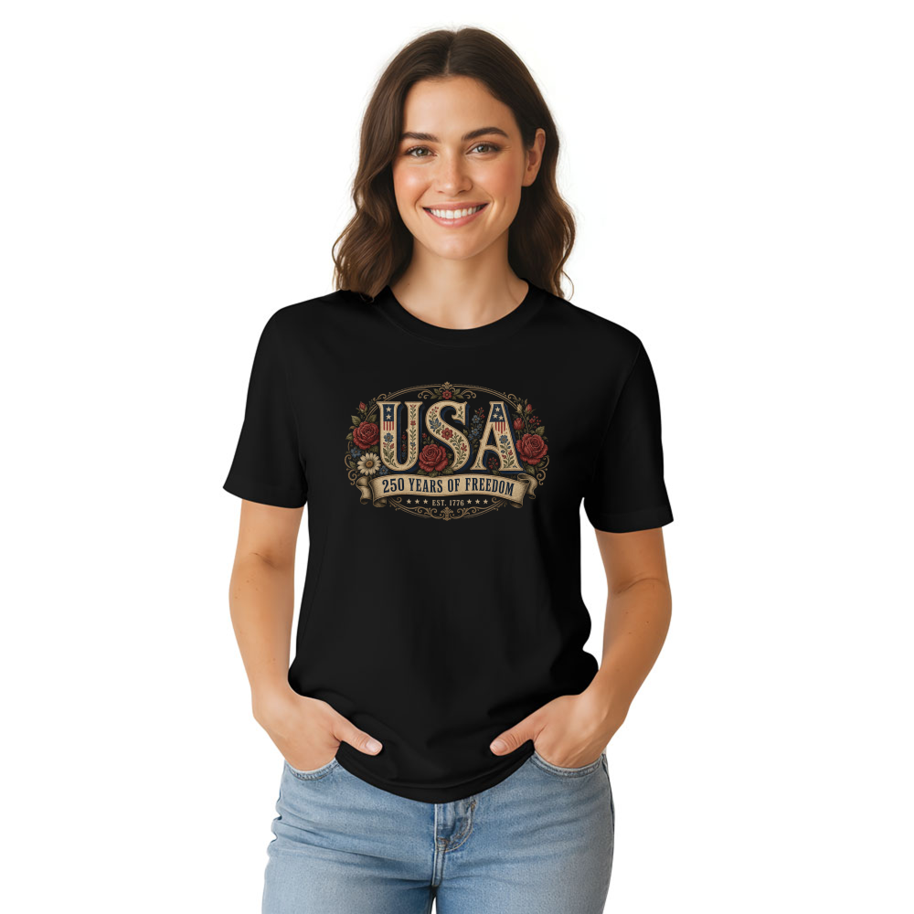 USA Cottagecore Floral Lettering Graphic T-Shirt
