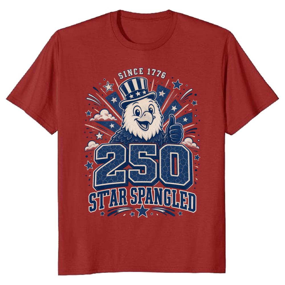 Cute Cartoon Bald Eagle, Red White Blue USA Flag Patriotic July 4th America 250 Funny Family Celebration T-Shirt