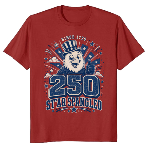 Cute Cartoon Bald Eagle, Red White Blue USA Flag Patriotic July 4th America 250 Funny Family Celebration T-Shirt