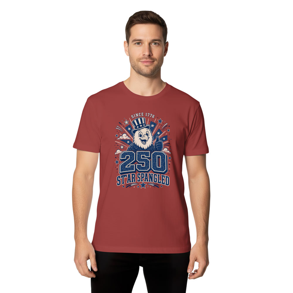 Cute Cartoon Bald Eagle, Red White Blue USA Flag Patriotic July 4th America 250 Funny Family Celebration T-Shirt