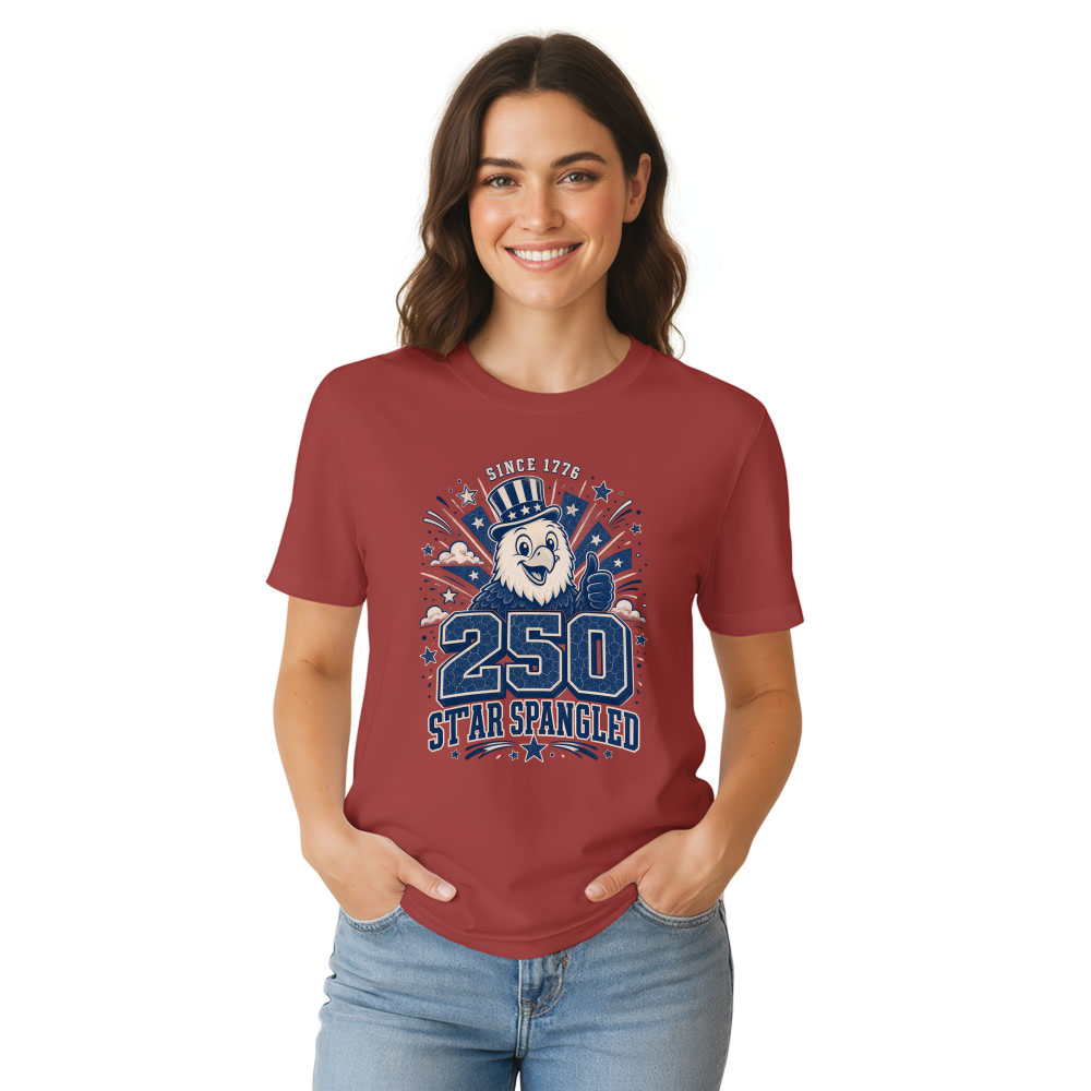 Cute Cartoon Bald Eagle, Red White Blue USA Flag Patriotic July 4th America 250 Funny Family Celebration T-Shirt