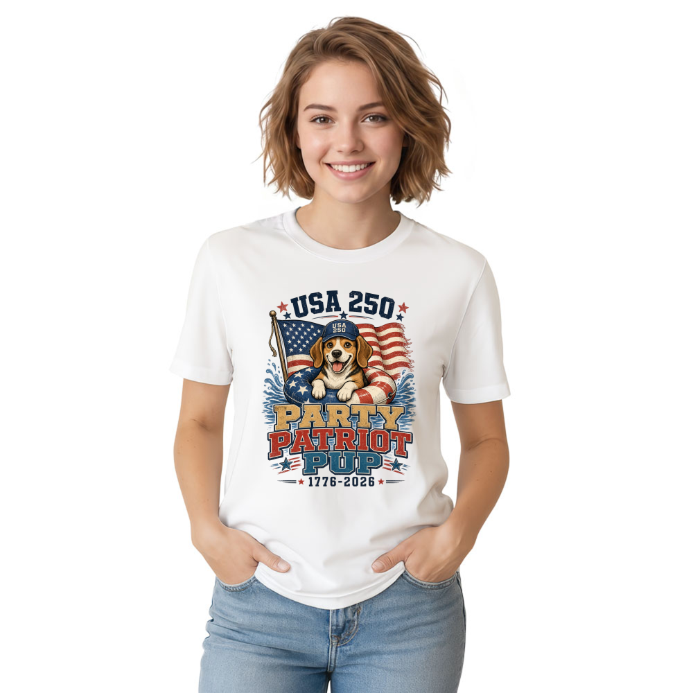 Patriotic Dog Wrapped in Flag, 250th Anniversary Freedom, 4th of July Lover Gift, Red White and Blue 1776 2026 Retro Puppy T-Shirt