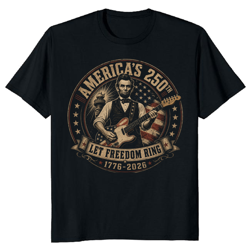 Retro Abraham Lincoln Playing Guitar Patriotic Graphic T-Shirt