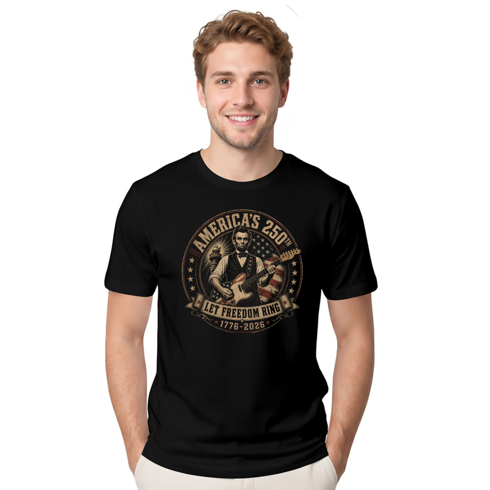 Retro Abraham Lincoln Playing Guitar Patriotic Graphic T-Shirt