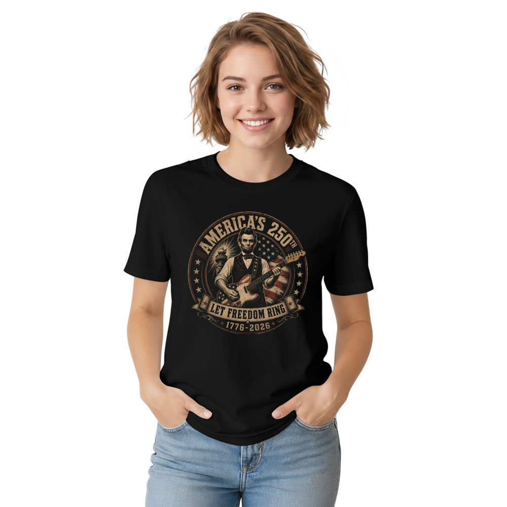 Retro Abraham Lincoln Playing Guitar Patriotic Graphic T-Shirt