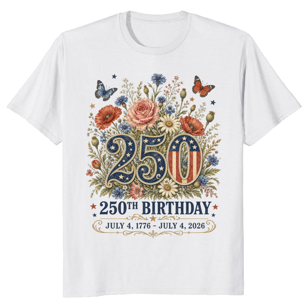 250 Years Of Freedom Vintage Patriotic Floral Botanical Graphic T-Shirt