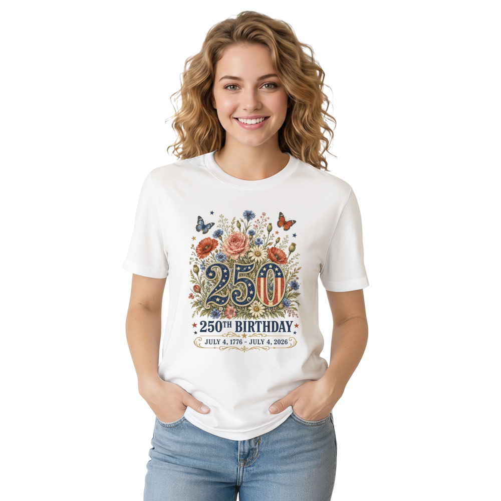 250 Years Of Freedom Vintage Patriotic Floral Botanical Graphic T-Shirt