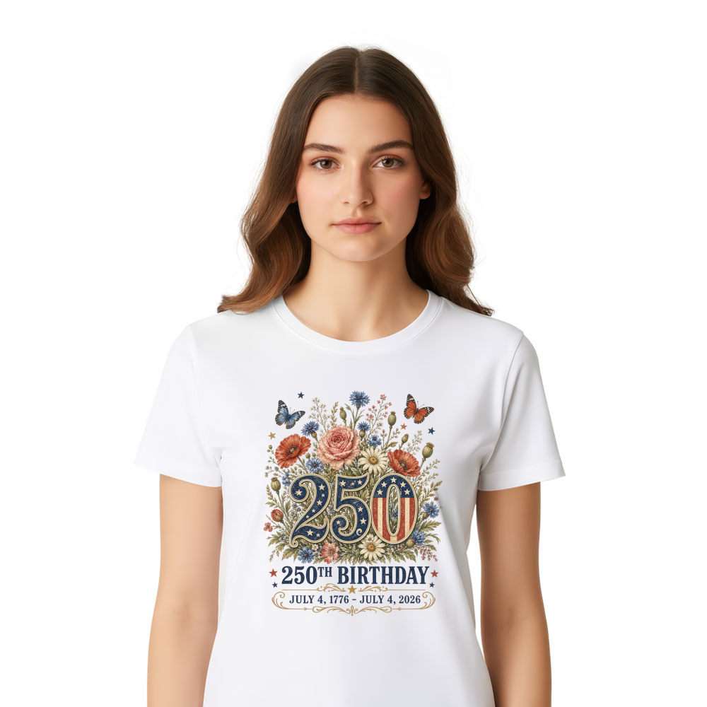 250 Years Of Freedom Vintage Patriotic Floral Botanical Graphic T-Shirt