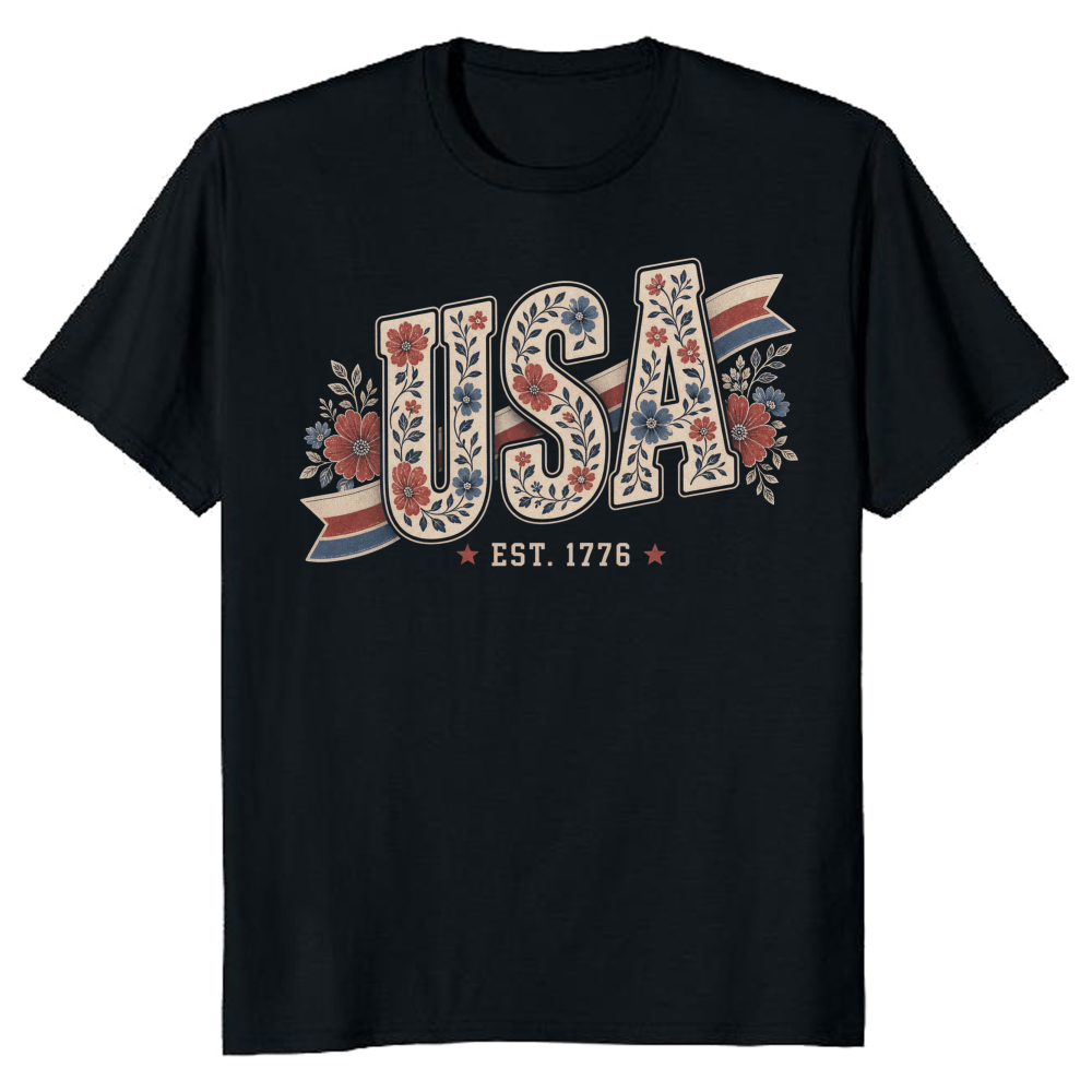 USA Botanical Floral Lettering Graphic T-Shirt