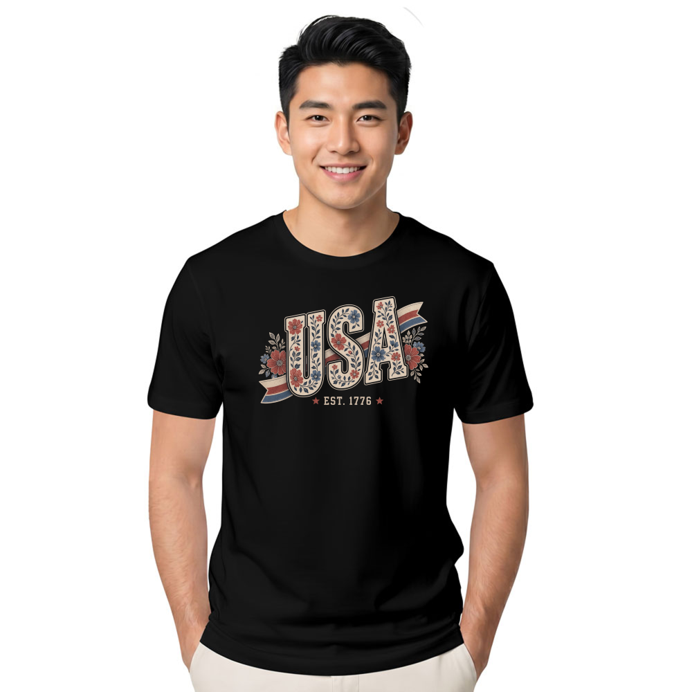 USA Botanical Floral Lettering Graphic T-Shirt