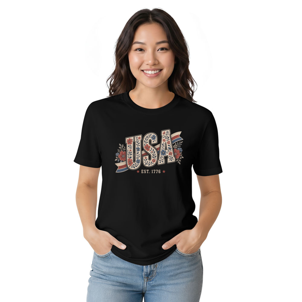 USA Botanical Floral Lettering Graphic T-Shirt