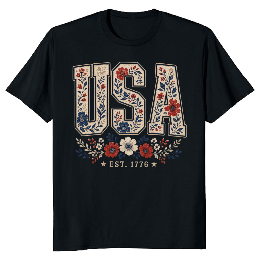 USA Botanical Flower Pattern Graphic T-Shirt