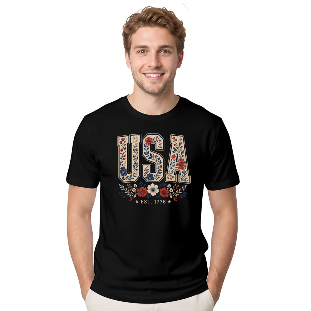 USA Botanical Flower Pattern Graphic T-Shirt