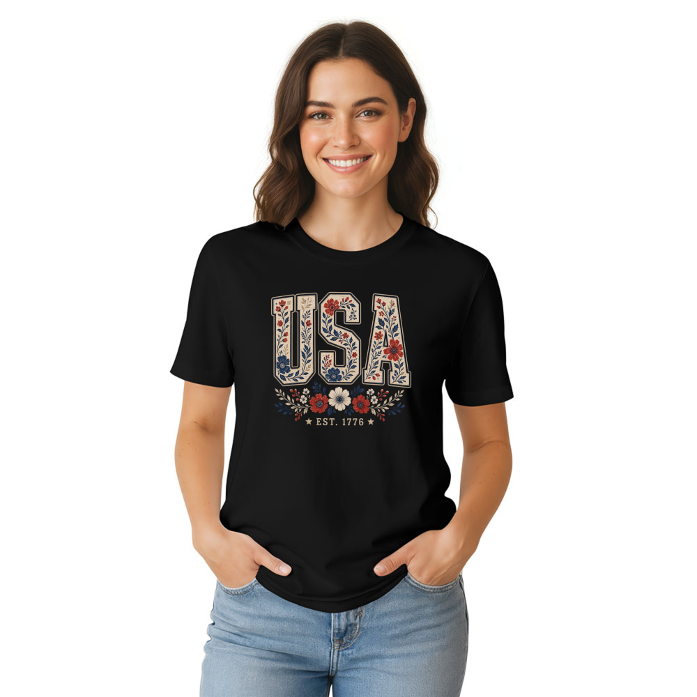 USA Botanical Flower Pattern Graphic T-Shirt