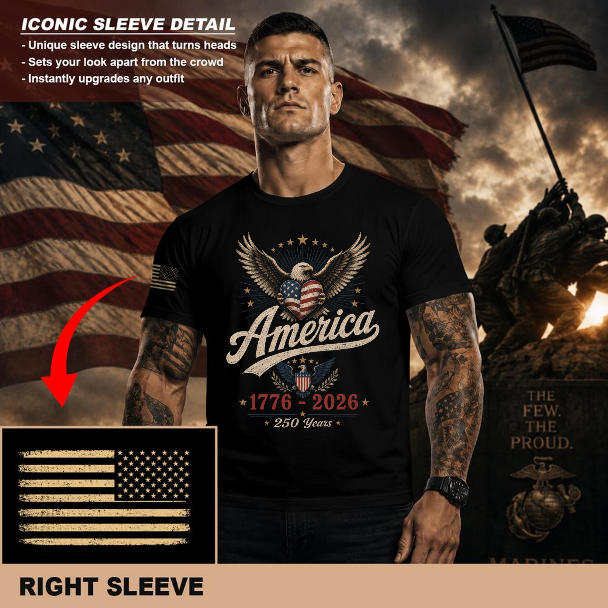 Patriotic 250th Anniversary Decorated American Flag Graphic T-Shirt