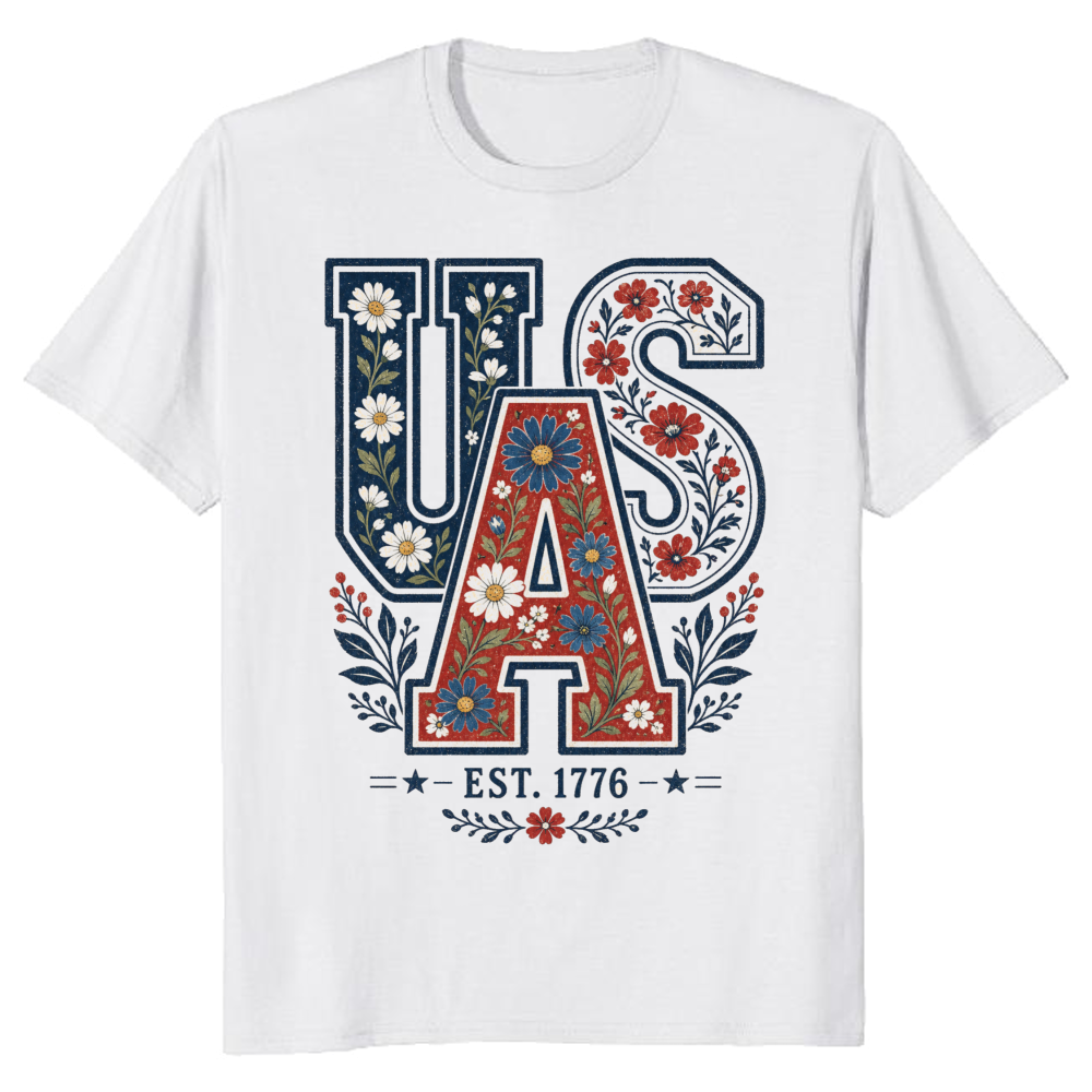 Floral USA Lettering Pattern Graphic T-Shirt