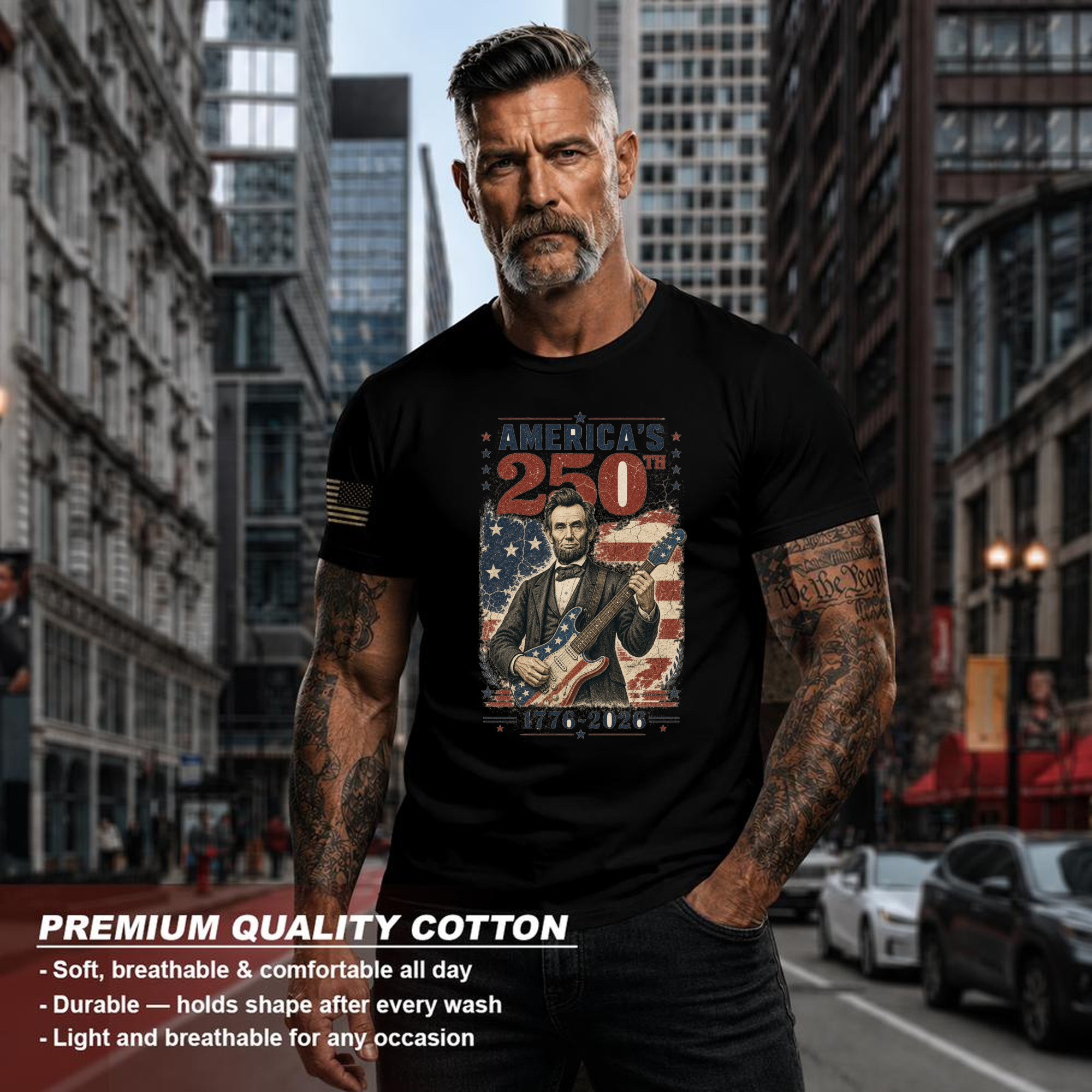 Patriotic Lincoln Playing Guitar Graphic T-Shirt