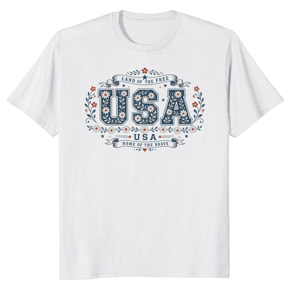 USA Floral Lettering Flower Pattern Graphic T-Shirt