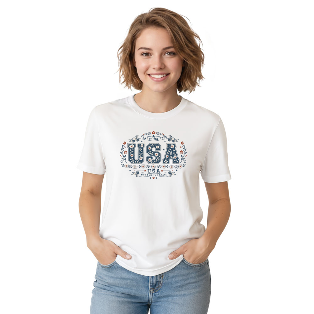 USA Floral Lettering Flower Pattern Graphic T-Shirt