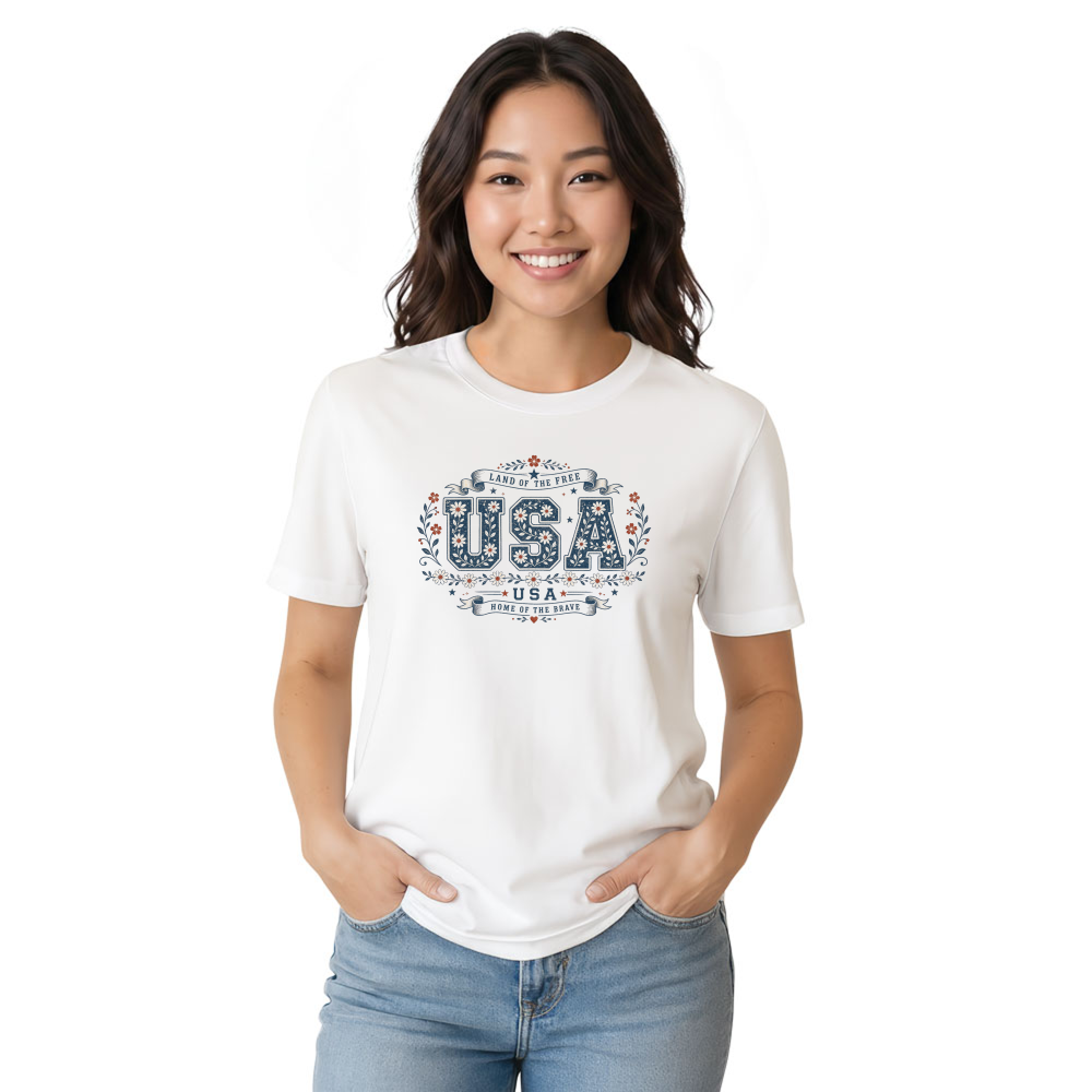 USA Floral Lettering Flower Pattern Graphic T-Shirt