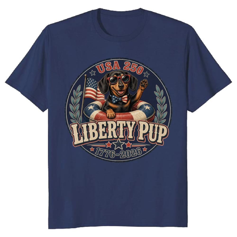 Patriotic Dog 4th Of July 250th Anniversary USA Flag Red White Blue Freedom 1776 2026 Cute Retro T-Shirt