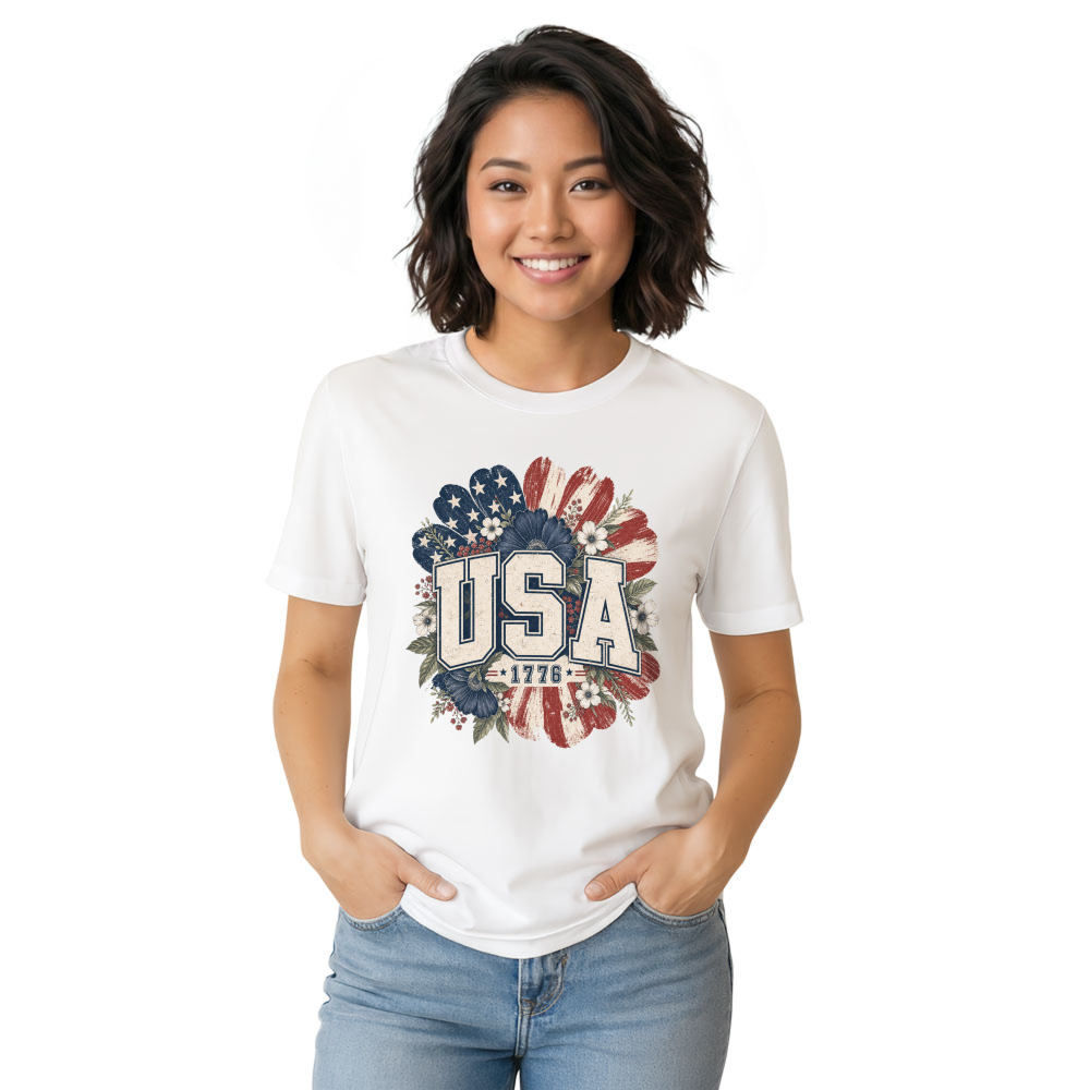 USA Floral Lettering Flower Pattern Graphic T-Shirt